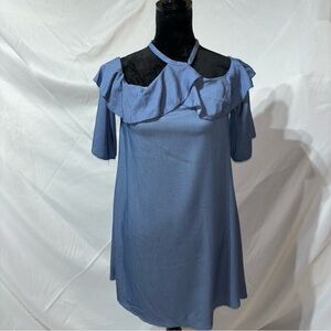 BOGO Ced Femme Chambray Dress Ruffle Neck Size S
